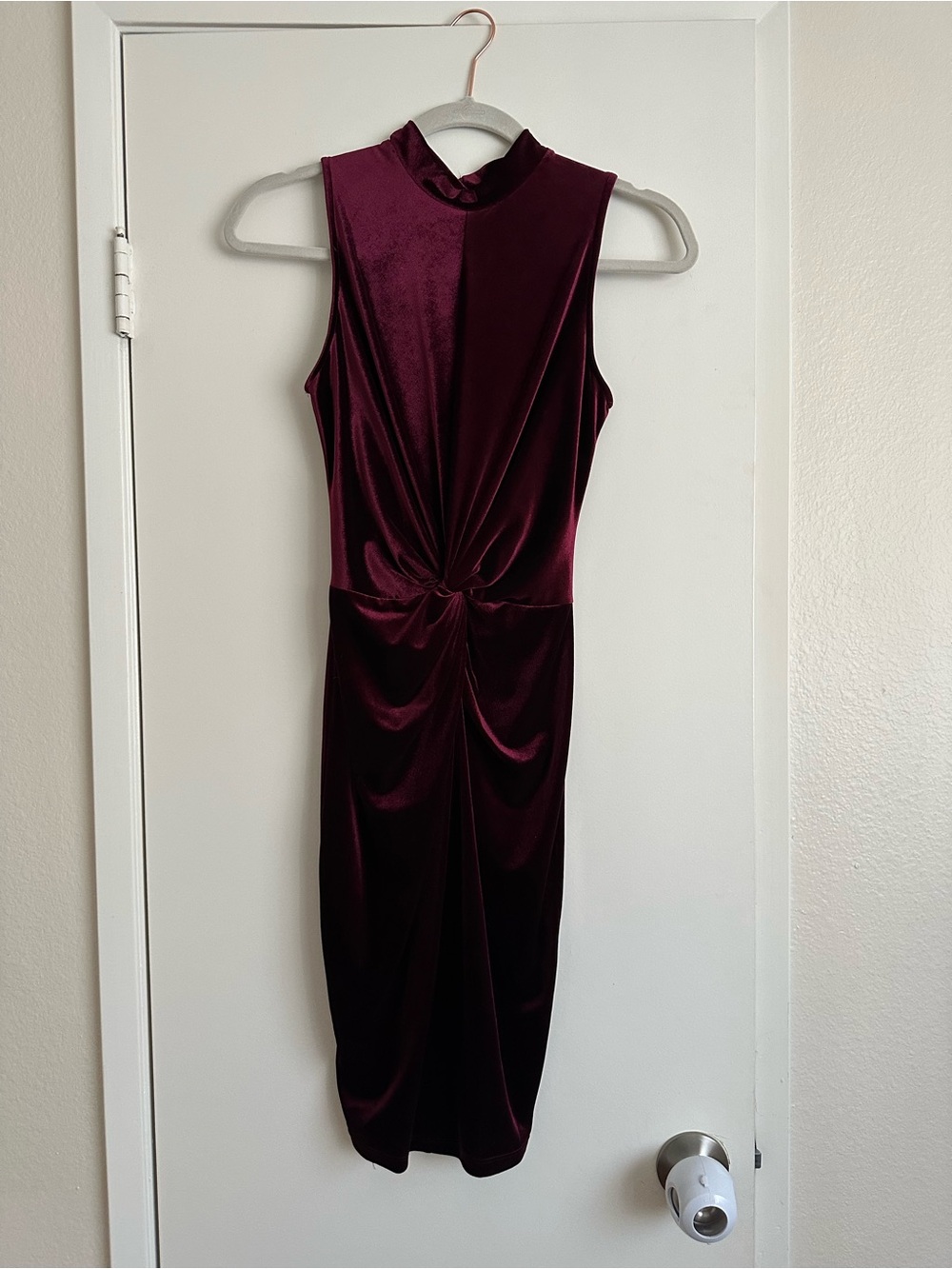 Aqua Sleeveless Velvet Knot-Front Midi Dress in Burgundy